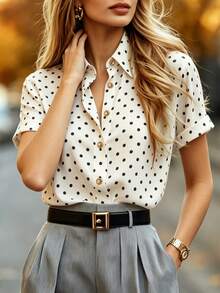 DONICY Women's Apricot Short Sleeve Shirt, Satin Texture, Lapel Collar With Gold Buttons, Office Daily Casual Versatile Style - Apricot - View 3