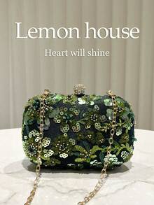 1pc Emerald Green Sequin Embroidered Beaded Decor Small Handbag, Metal Chain Crossbody Clutch, Elegant Formal Evening Bag, Suitable For Parties, Weddings, Formal Occasions, Great Gift For Women - Dark Green - View 3