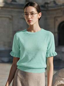 Women's Casual Yellow Round Neck Ruffle Short Sleeve Loose Fit T-Shirt, Spring/Summer Style, Suitable For Dating And Daily Wear - Cadet Blue - View 2
