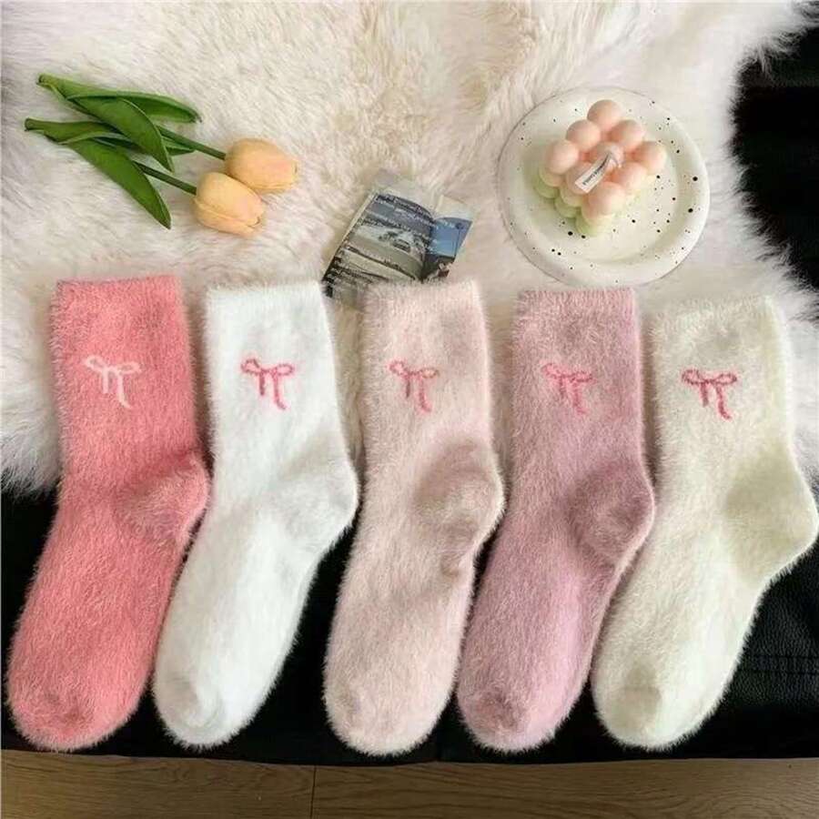 5/10 Pairs Cute Bow Embroidery Plush Mid-Calf Socks, Thickened Coral Fleece Women's Socks, Soft And Comfortable, Autumn/Winter Socks, Warm Socks, Christmas/Halloween Gifts, Women's Mid-Calf Socks, Women's Socks, Pink Socks, Comfortable And Soft, Girls' Socks, Back To School, Collegiate Style - Multicolor - View 1