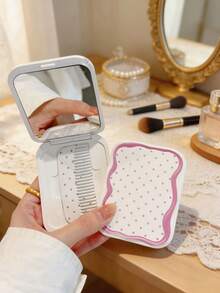 Polka Dot Lace Portable Mirror & Comb Set, Mini Portable Makeup Mirror With Small Comb Set, Women's Pocket Touch-Up Mirror, Desktop Makeup Mirror, Rectangular Desktop Portable Folding Mirror - Multicolor - View 6