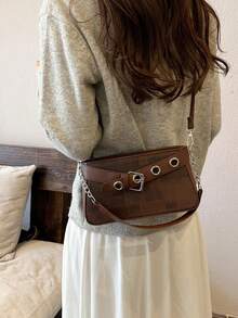 2026 New Niche Elegant Chain Eyelet Bag For Women, Motorcycle Style Underarm Shoulder Crossbody Small Square Bag With Premium Fresh Look - Coffee - View 7