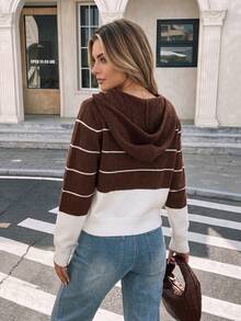 Nicenter Women's Hooded Striped Color Block Zipper Long Sleeve Wool Blend Cardigan Sweaters, Elegant Fall Clothes For Women, Winter Clothes For Daily Commute - Multicolor - View 2
