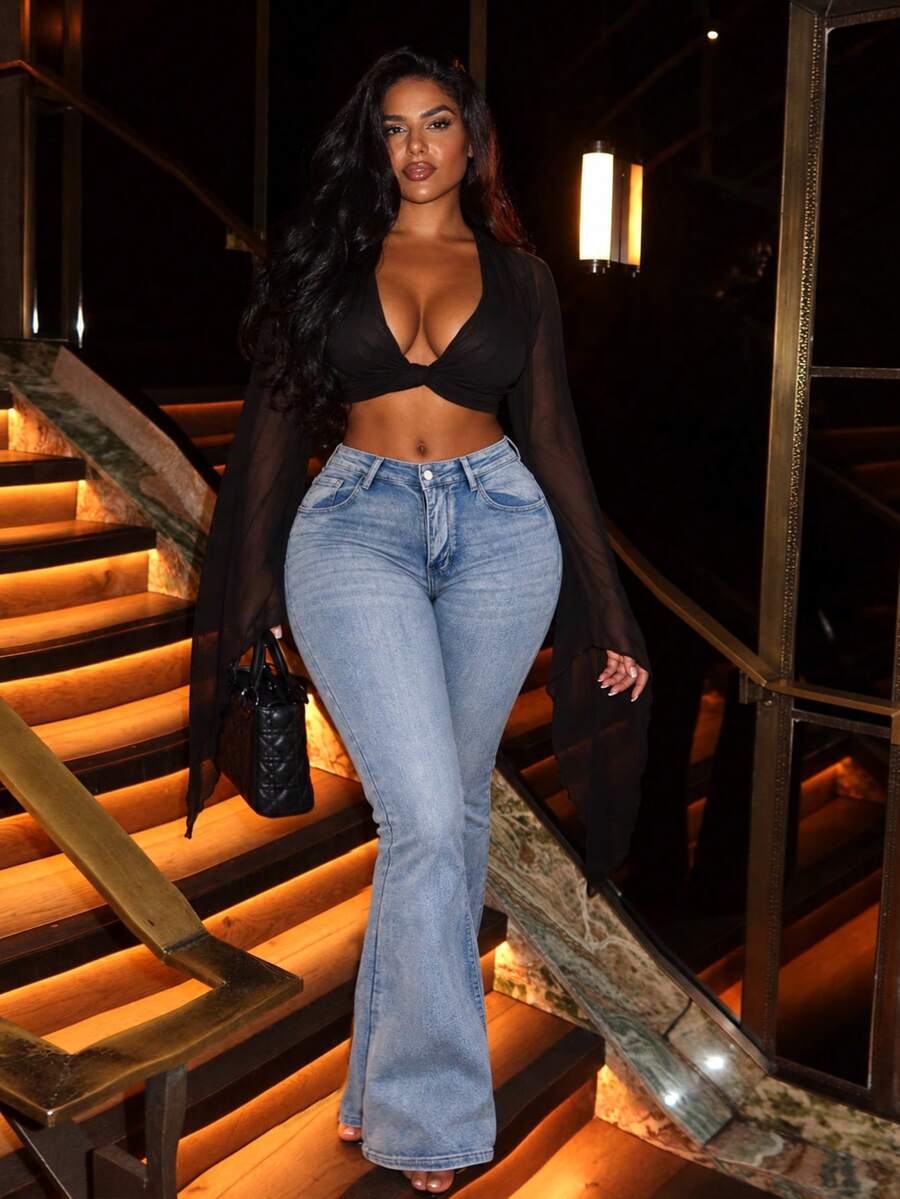 Women's Plus Size Vintage Flare Jeans With Zipper Detail, Medium Stretch, Long Length, Create A Fashionable Look - Blue - View 1