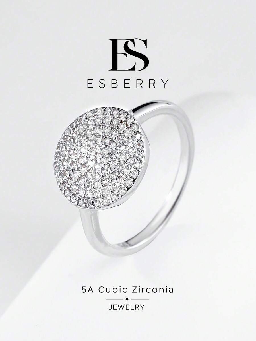 ESBERRY 1 قطعة خاتم فاخر من الزركونيا المكعبة الدائرية، خاتم نسائي، مناسب للارتداء اليومي، يمكن استخدامه أيضًا كمجوهرات راقية