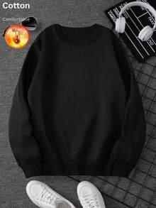 Men's Autumn/Winter Cotton Fleece-Lined Crew Neck Loose Fit Sweatshirt With Rose Print - Black - View 4