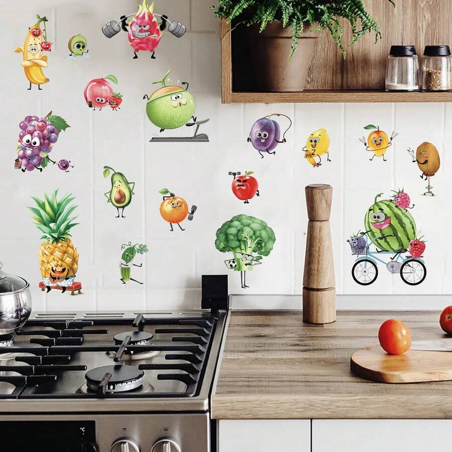 1Set Watercolor Fruits And Vegetables Wall Stickers, Smiling Apple Banana Watermelon Cabbage Wall Decals For Kitchen Dining Room Home Wall Decor - View 1