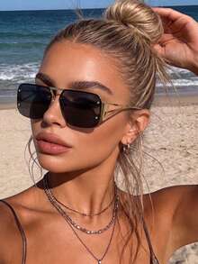 Women Rimless Square Sunglasses, Hollow Cutout Metal Temple Fashion Shades, Rivet Decor Oversized Eyewear For Beach Daily - Multicolor - View 3