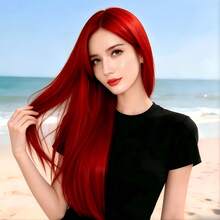 Wig Panjang Lurus Belahan Tengah Warna Merah 28 Inci, Alami & Realistis, Cocok untuk Pemakaian Sehari-hari, Pesta Festival, Cosplay - merah - View 3