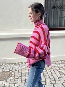 Women's Pink & Red Striped Pullover Sweater, Long Sleeve Turtleneck Winter Top - Pink - View 3