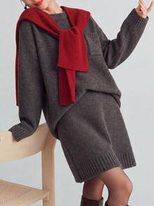Women's Autumn/Winter Minimalist Pocket Design Crew Neck Pullover & Skirt Sweater 2 Pieces Set - Dark Grey - View 3
