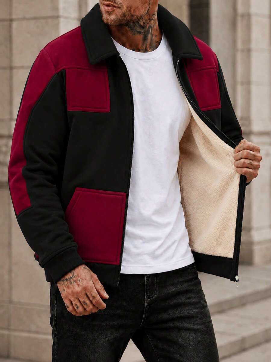 Men's Autumn/Winter Fashion Versatile Thermal Lined Turn-Down Collar Jacket, Patchwork Color-Block Zipper Design, Suitable For Outdoor Activities, Commuting, As Halloween And Christmas Gifts For Men - Black - View 1