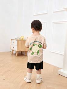 Young Boys Ocean Theme Print T-Shirt, Cartoon Turtle Patch & Round Letter Back Print, Breathable Summer Casual Short Sleeve Shirt - Apricot - View 2