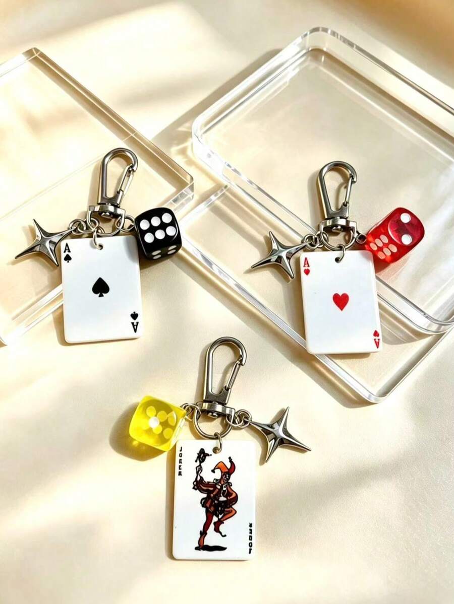 1pc/3pcs Vintage Spade & Heart Poker Dice Keychain, Premium Multi-Element Pendant, Four-Pointed Star Personalized Joker Card Bag Charm - Multicolor - View 1