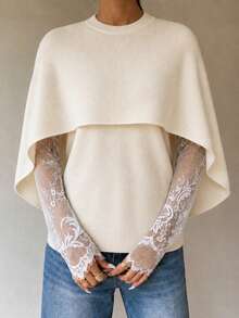 Elegant 2 Pieces Knit Set For Women, Round Neck Cape Shawl + Lace Mesh Long Sleeve Inner Top, Beige Commuter Layering Outfit - Apricot - View 1