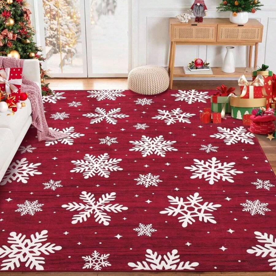 HuoJinGu Christmas Theme Rug, Snowflake Pattern, Machine Washable Indoor Carpet, Decorative Non-Slip Rug, Suitable For Kitchen, Bathroom, Living Room, Bedroom - Multi-color B - View 1