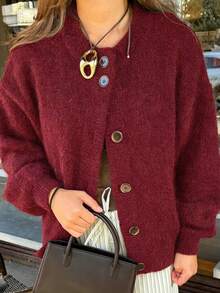 Just Masa Women's Autumn Casual Elegant Cardigan, Round Neck Button Long Sleeve Loose Basic Solid Color Knit Sweater, Suitable For Daily Wear, Travel, Dating, Outings - Burgundy - View 10