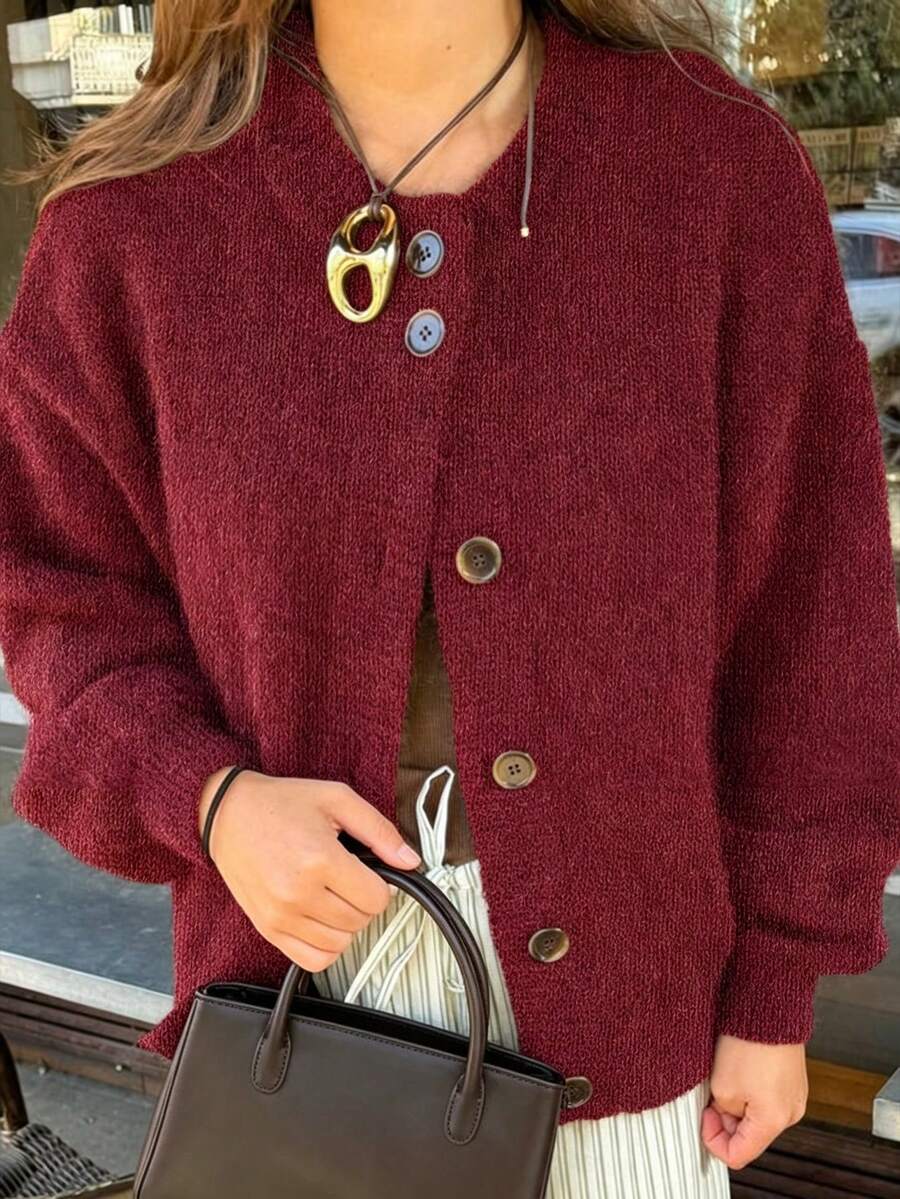 Just Masa Women's Autumn Casual Elegant Cardigan, Round Neck Button Long Sleeve Loose Basic Solid Color Knit Sweater, Suitable For Daily Wear, Travel, Dating, Outings - Burgundy - View 1
