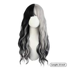 25 Inch Fluffy Long Wavy Synthetic Wig Black Grey Half Half Color Wig With Full Bangs Heat Resistant Wig For Women Daily Cosplay Party - Multicolor - View 11