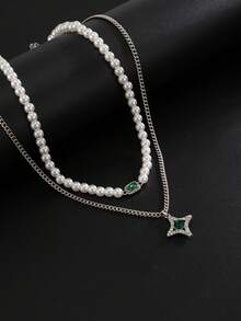 2pcs/Set Autumn Men's Vintage Gold Double Layer Stacked Necklace, Pearl Green Gemstone Square Diamond Collarbone Chain + Star Green Diamond Pendant, Autumn Sweatshirt Matching Accessory Holiday Gift - 2pcs - View 6