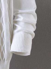 Boys' College Style Solid Color Cable Knit Crew Neck Long Sleeve Pullover Sweater, Suitable For School, Daily Casual Wear, Spring, Autumn, Winter - White - View 7