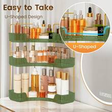 1pc 90-Degree 3-Tier Corner Shelf, U-Shape Opening Vanity Organizer, Large Capacity Makeup & Skincare Storage Rack with Gold Metal Frame for Bathroom Countertop, Space Saving. - Estante triangular para baño verde - Ver 6