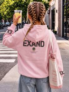 1 pièce sweat-shirt à capuche style américain pour adolescente avec imprimé lettres EXAND, sweat-shirt ample rose clair, convient pour le printemps et l'automne - Rose bonbon - Voir 1