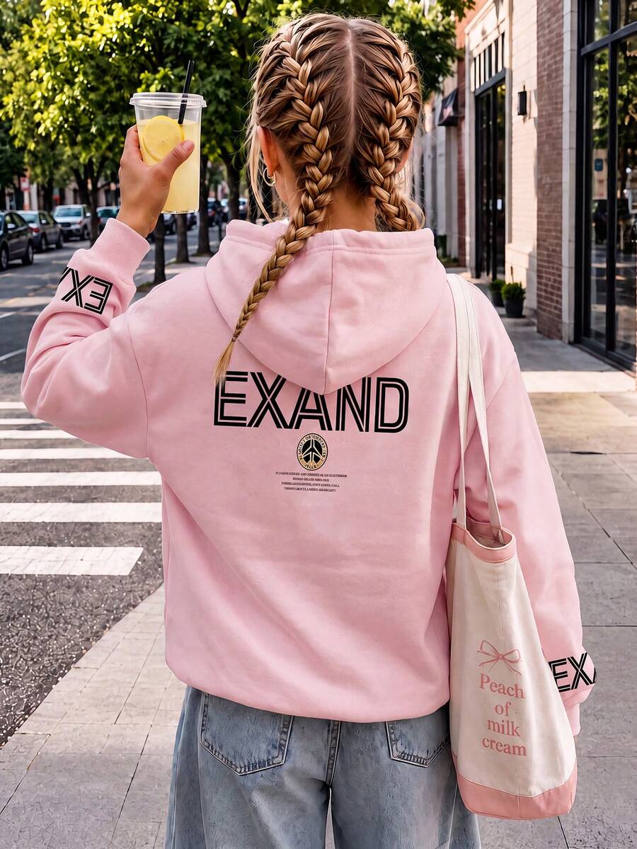 1 pièce sweat-shirt à capuche style américain pour adolescente avec imprimé lettres EXAND, sweat-shirt ample rose clair, convient pour le printemps et l'automne - Rose bonbon - Voir 1