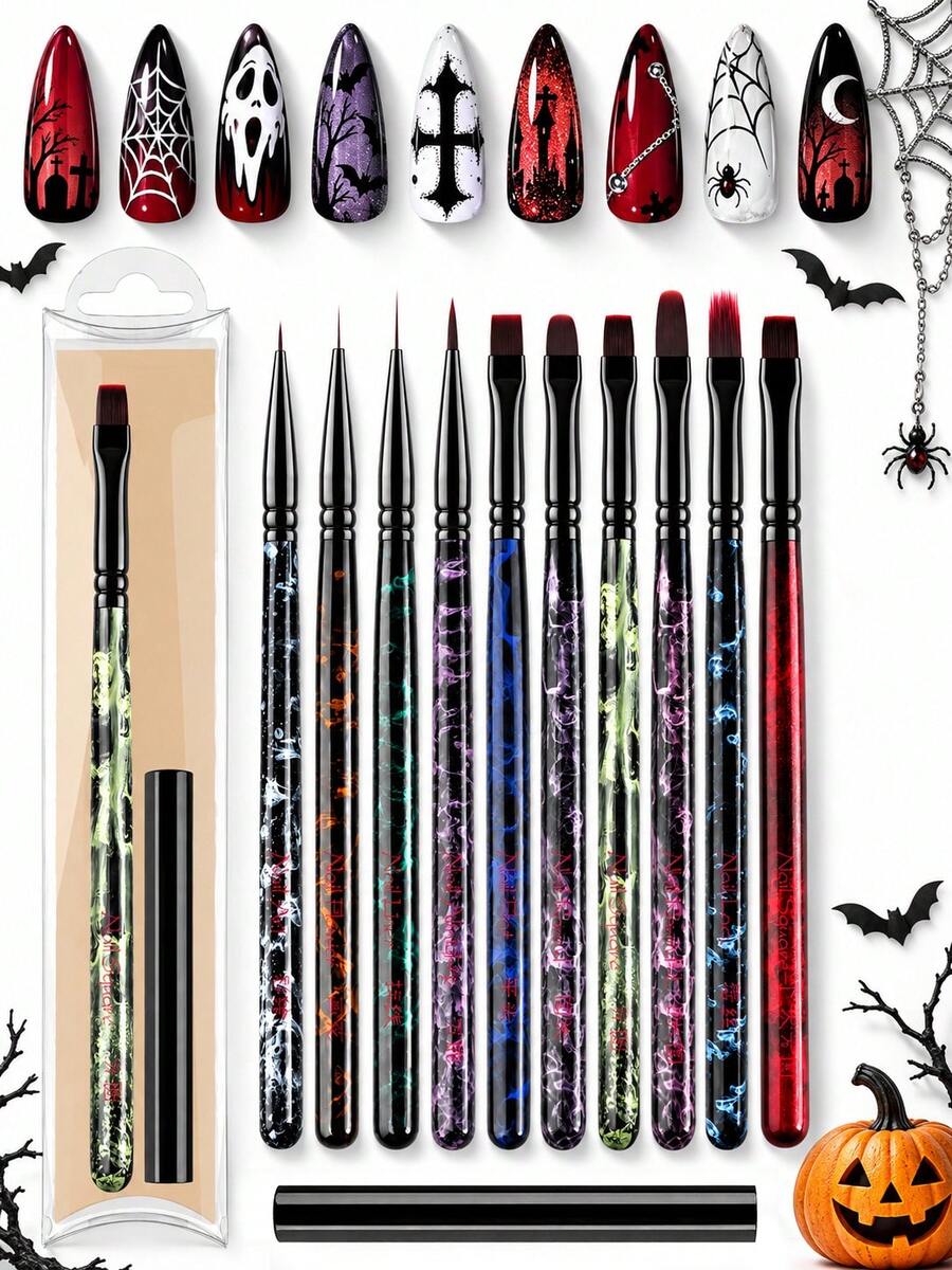JOCNAIL 10pcs Gothic Halloween Nail Art Brush Set, Professional Acrylic Extension & Builder Gel Painting Liner Pen Kit, Halloween DIY Nail Design Tools For Beginners