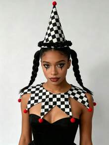 1set Black White Check Clown Hat And Star Shape False Collar Set With Red Pom Poms Halloween Circus Cosplay Costume Accessory For Carnival Theme Party - A - View 3