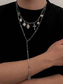 2pcs Men's Necklace Set, Silver Metal, Geometric Cross Star Oval Pendant Multi-Layer Stacked, Personalized Autumn Style Necklace, Suitable For Daily Street Wear - Silver - View 2