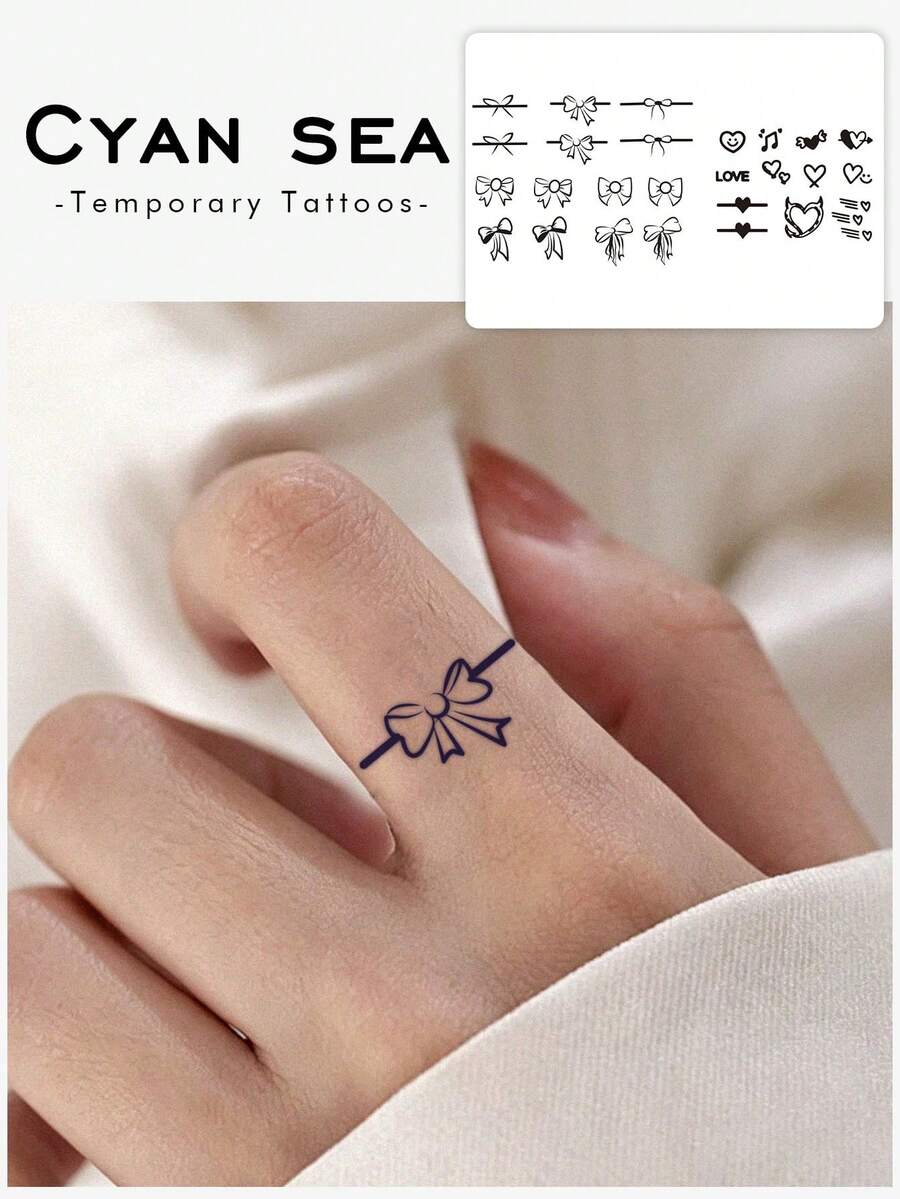 2 miếng dán xăm tạm thời thảo dược, họa tiết nhỏ đường nét nơ trái tim đen-trắng tối giản, thiết kế xăm giả chân thực, dùng hàng ngày, quà tặng tiệc độc thân, lễ hội âm nhạc, trò chơi, quà tốt nghiệp, giữ được 7-14 ngày - màu đen - Xem 1