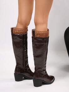 FVPFVP British Style Brown Tall Boots Women Autumn/Winter Long Boots High Shaft Slouch Boots Chunky Heel Pant Leg Boots Pointed Toe High Heel Riding Boots - Coffee Brown - View 7
