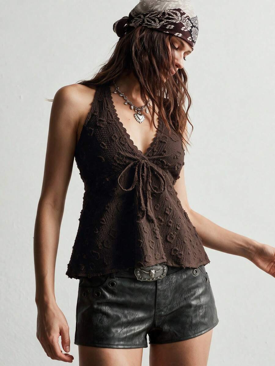 Rusttydustty Women's Backless Bohemian Style Halter Top For Vacation And Music Festival, Suitable For Autumn And Halloween Brown Summer - Brown - View 1