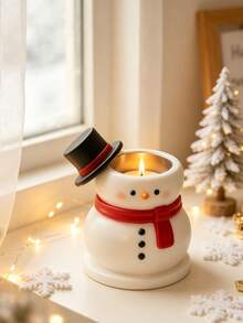 1Pc White Snowman Candle Holder, Vintage Resin Round Figurine With Hat & Scarf, Tabletop Decorative Candlestick For Christmas Holiday Home Table Decoration - Multicolor - View 2