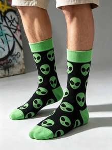 1 Pair Men's Green & Black Alien Cartoon Funny Creative Mid-Calf Socks, All Season High Elasticity Skin-Friendly Style Suitable For Holiday Party Hip Hop Streetwear - Multicolor - View 6