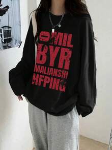 Autumn/Winter New Gen Z Y2K Style Women's Top With Design-Driven English Print Round Neck Long Sleeve T-Shirt - Black - View 1