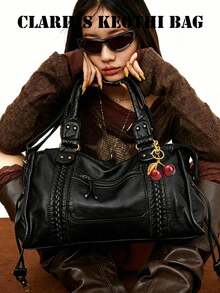 Vintage Distressed Motorcycle Style Tote Bag, Woven Texture With Rivet Details, Fun Cherry Charm Accent, Multi-Zipper Compartment Design, Comes With Replaceable Long Shoulder Strap, Large Capacity Body, Suitable For Daily Outings, Creating American Vintage Atmosphere Outfit - Black - View 6
