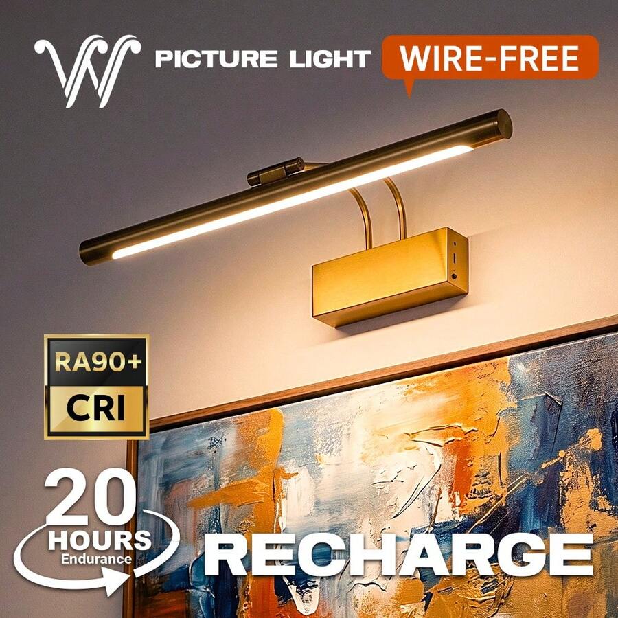 wamblz Wireless Rechargeable Picture Light With Remote Control, Three-Color Changing, Dimmable Timer Battery Operated Wall Light CRI90+, Suitable For Bedrooms, Living Rooms, Studies, Hallways, And Gallery Golden - B-gold - View 1