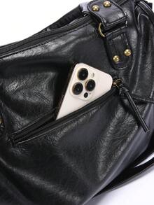 Dedoo Vintage Motorcycle Tote Bag, Soft Washed PU Leather, Woven Rivet Multi-Pocket, Large Capacity Storage, Distressed Punk Style, Suitable For Commuting And Travel For Women - Black - View 9