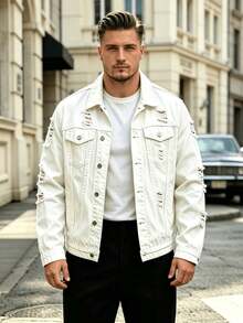 Men's White Denim Jacket Oversized Ripped Distressed Trucker Coat - White - View 4
