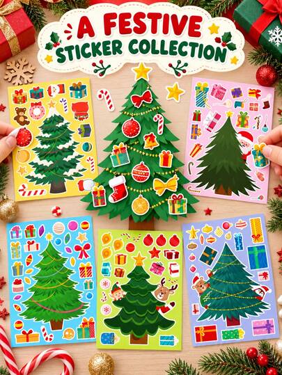 6pcs Christmas Theme Sticker Set, Cartoon Christmas Tree Santa Claus Reindeer DIY Decorative Stickers, Children's Handmade Scrapbook Stickers, Christmas Party Fun Small Gifts, Suitable For Christmas, Birthday Gifts