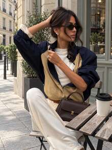 Women Sports Casual Color Block Stand Collar Long Sleeve Zippers Coat Autumn Casual Jacket - Apricot - View 2