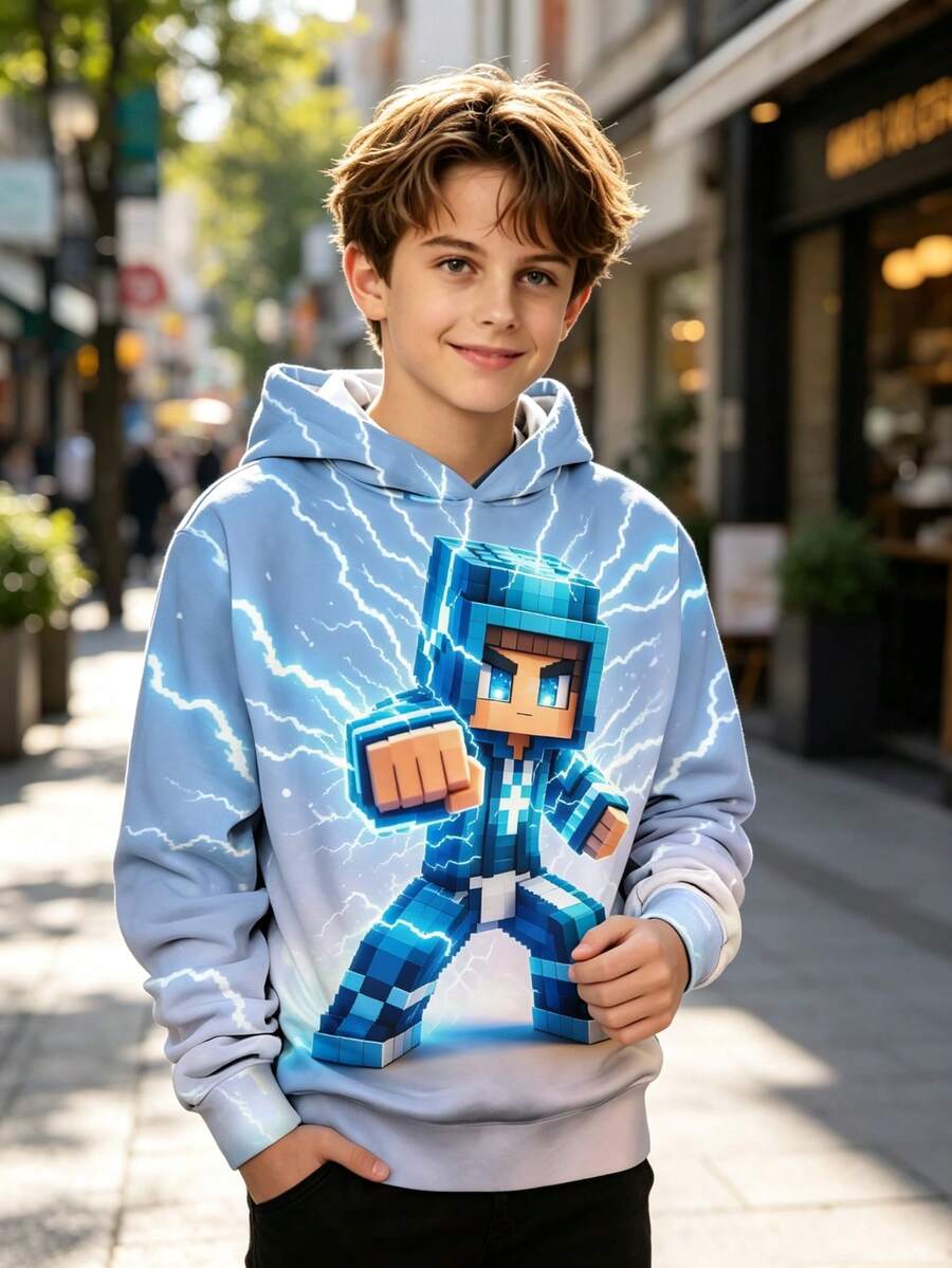 Tween Boy Fashion Printed Casual Pullover Sweatshirt - Long Sleeve, Crew Neck, Suitable For Spring And Autumn, Cool Print - Blue - View 1