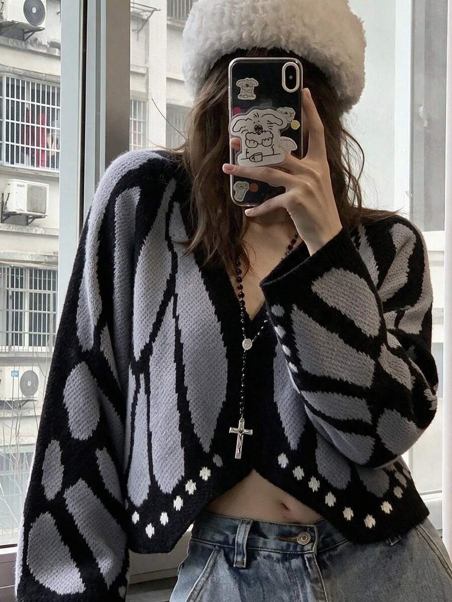 Fall/Winter Casual Loose Colorblock Knit Party Cardigan Goth Sweater Top - Grey - View 1
