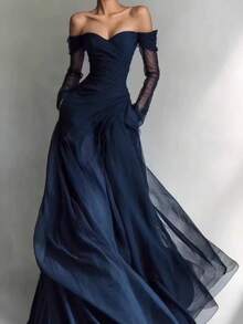 Vestidos de Fiesta Elegantes Mujer Vestidos Elegantes Largos Vestido Bandeau Estilo Francés Occidental Manga Larga Cintura Alta Tul Falda Amplia Ajustado Elegante para Mujer - Azul Marino - Ver 6