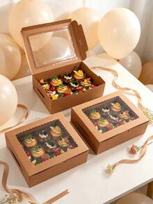 1/12pcs Kraft 12-Cupcake Paper Boxes With Clear View Window & Holder Insert, Foldable Dessert Gift Box For Home Baking, Birthday, Wedding Party - View 3