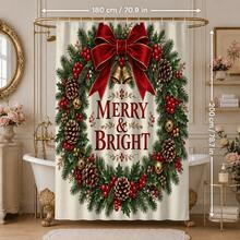 1pc/4pcs Red Bow & Floral Wreath Pattern Multi-Function Bathroom Decor Shower Curtain Set, Free 12 Hooks, Premium Holiday Atmosphere, Bathroom Mat, U-Shaped Rug And Round Toilet Lid Cover, Suitable For All Scenes Decoration Bathroom Set - Red Bow Wreath - View 10