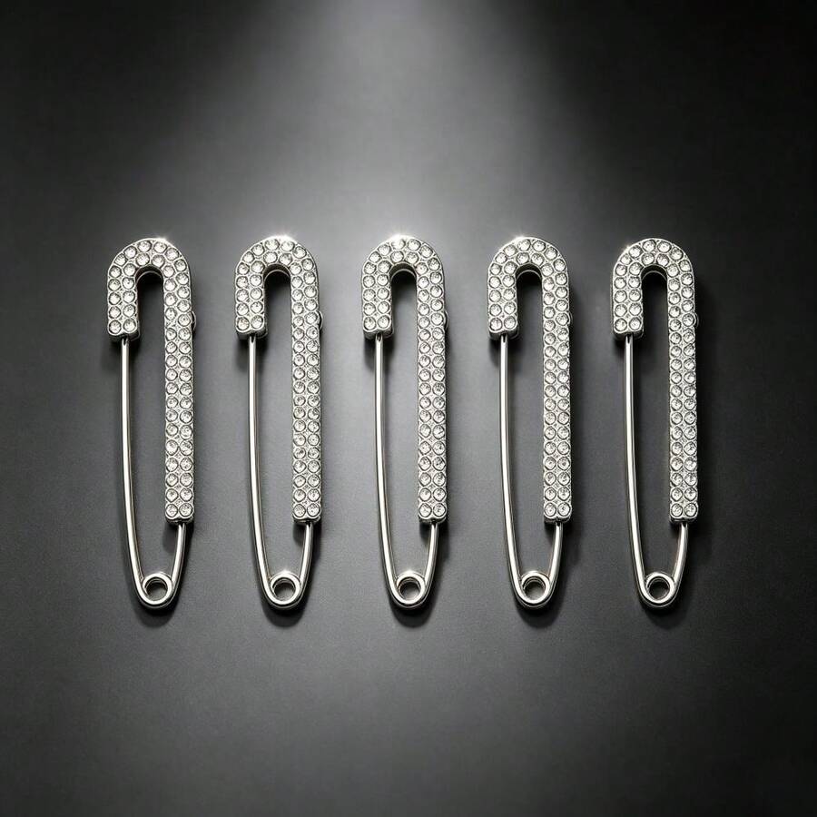 5Pcs Shiny Silver Rhinestone Safety Pin Brooches, Faux Crystal Decorative Pins For Women, Shirt Dress Collar Hat Waistband Clothing Accessories - Silver - View 1