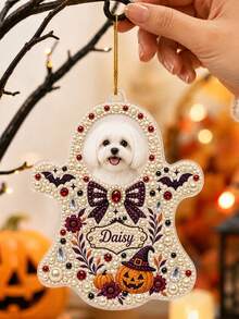 Custom Photo & Text DIY 3D Pearl Painting Hanging Decor Diamond Art, Personalized Halloween Ghost Pumpkin Bat Bow Design, Spooky Home Tree Ornament Keepsake, Halloween Birthday Gift For Pet Lovers Family And Friends - Multicolor - View 6
